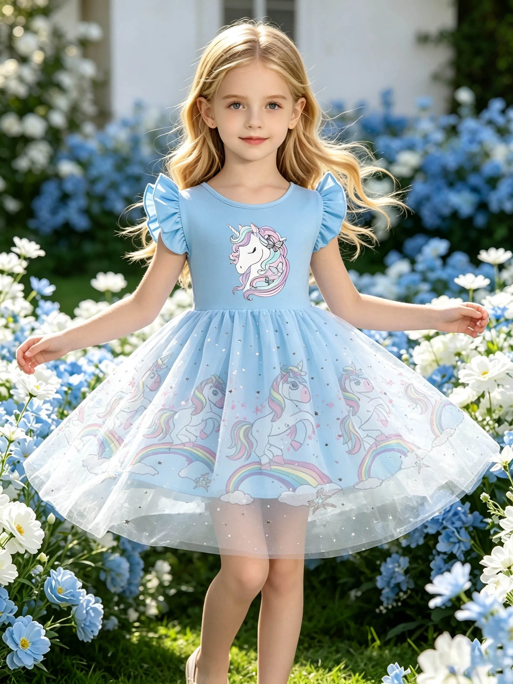Little Girls' Light Blue Butterfly & Unicorn Flutter Sleeve Dress, Star Glitter Tulle Princess Puffy Dress