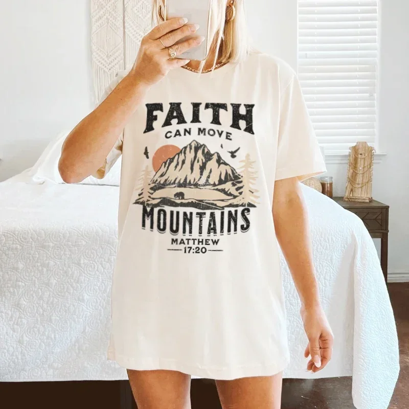 Retro Aesthetic Jesus Tshirts Matthew 17:20 Bible Verse Graphic Tees Women Vintage Boho Religious Christian T-Shirts Faith Tops