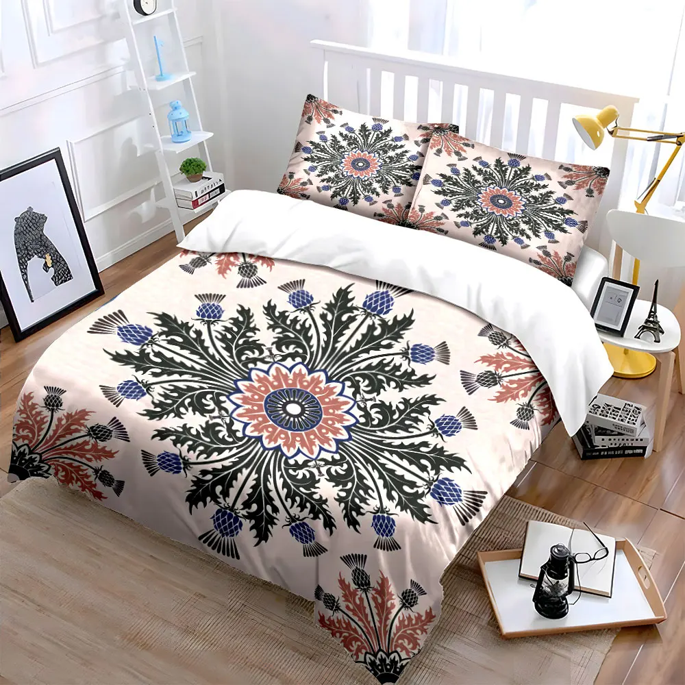 Elegant floral and thistle symmetrical Pattern Duvet Cover Set Digital Print Colorful Polyester Bedding with Zipper Closur