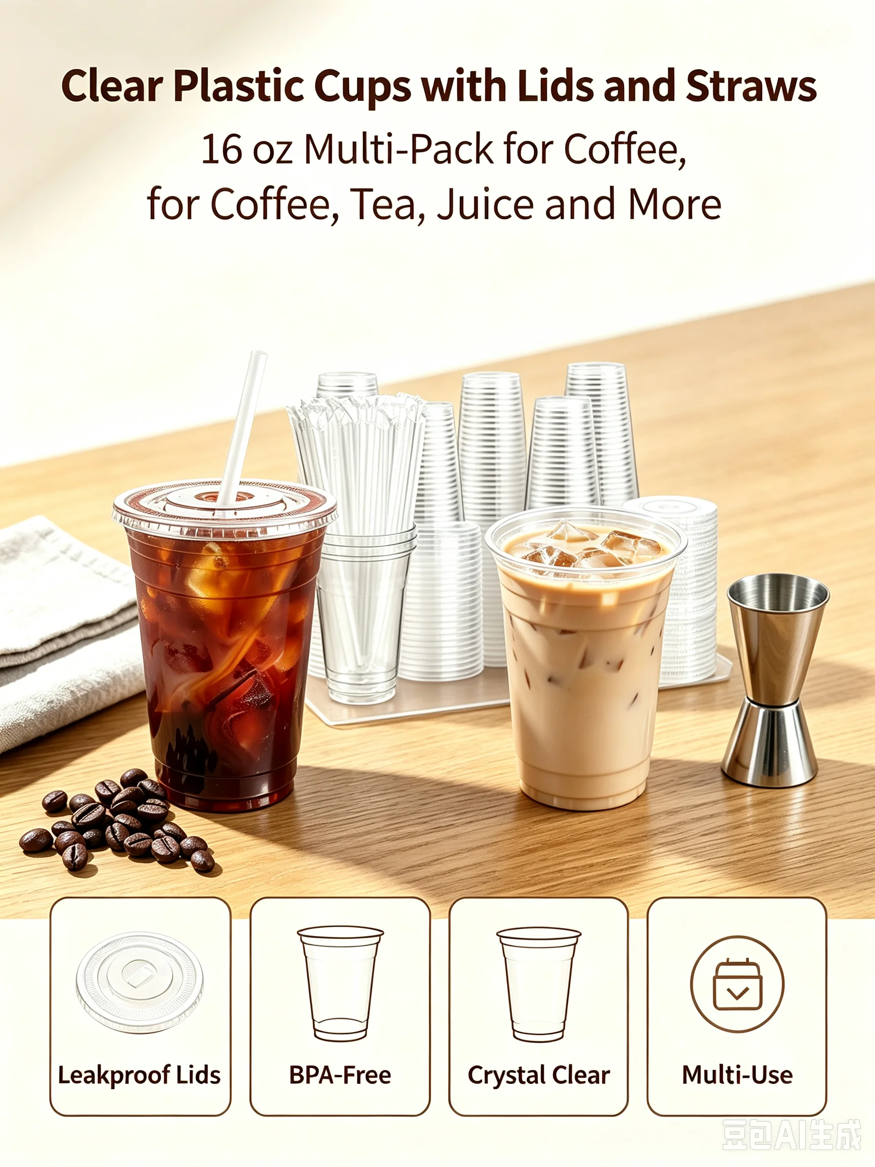 300 Pcs Plastic Cups with Lids and Straws, 16 oz Clear Disposable Coffee Cup Set, 100 Cups 100 Lids 100 Straws for Party Wedding Birthday Commercial Use