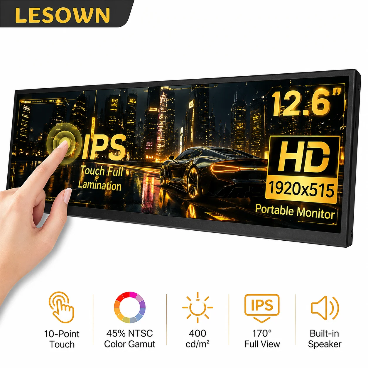 LESOWN 12.6" Slim Mobile Monitor 60Hz High Brightness 1200:1 External Screen Plug & Play 10-Point Touch for MacBook