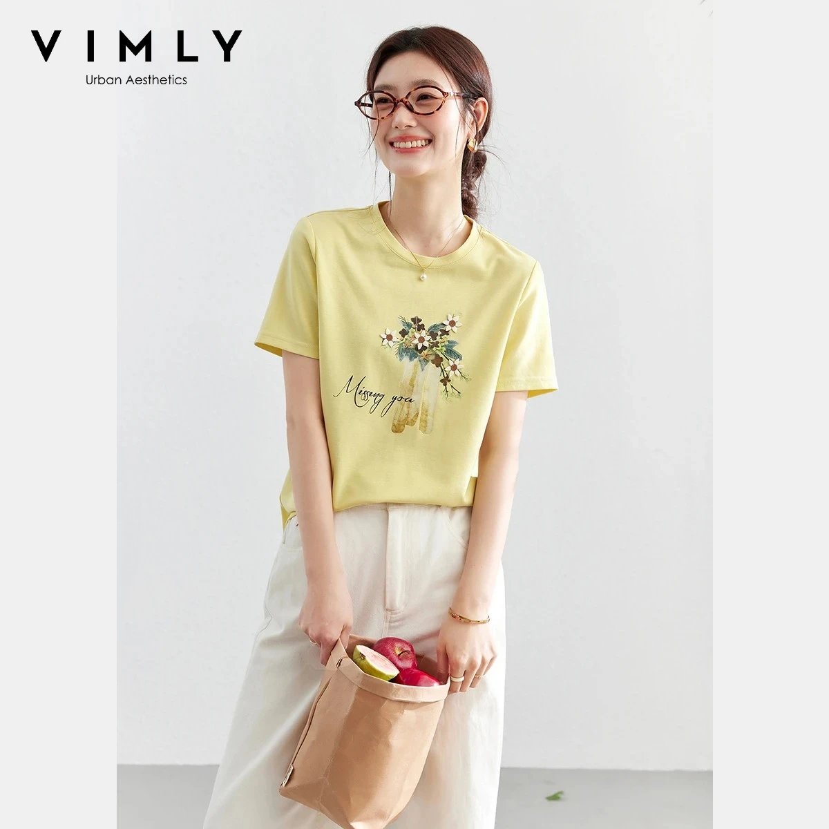 VIMLY Fashion Crew Neck Short Sleeve T-Shirt 2026 Summer New Yellow 3D Flower Embroidered Casual Top Ladies Party Outfit A6278