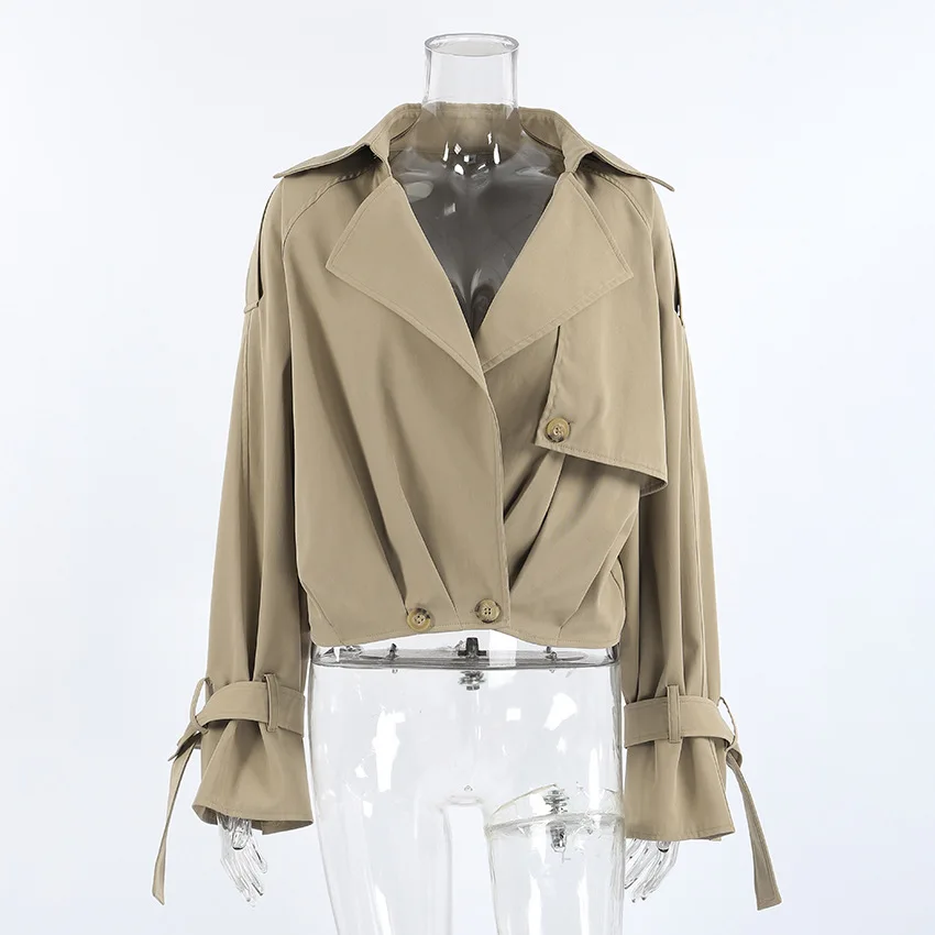 

2025 Autumn New Khaki Double Breasted Suit Collar Windbreaker Jacket Casual Short Coat for Women