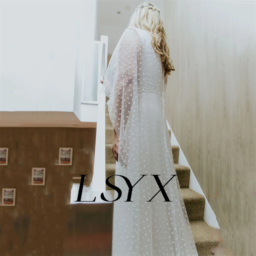 LSYX Customized V-Neck Crepe Sweet Tulle Wedding Dress For Women Open Back High Slit Floor Length Bridal Gown