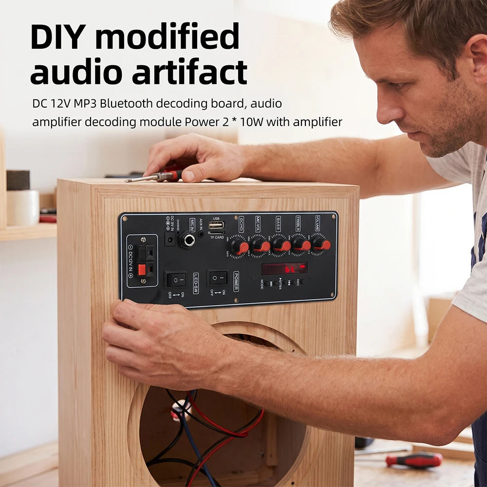 DC 12V MP3 Bluetooth Decoding Board Audio Amplifier Decoding Module Power 2 * 10W Power Support TF/USB/FM/BT
