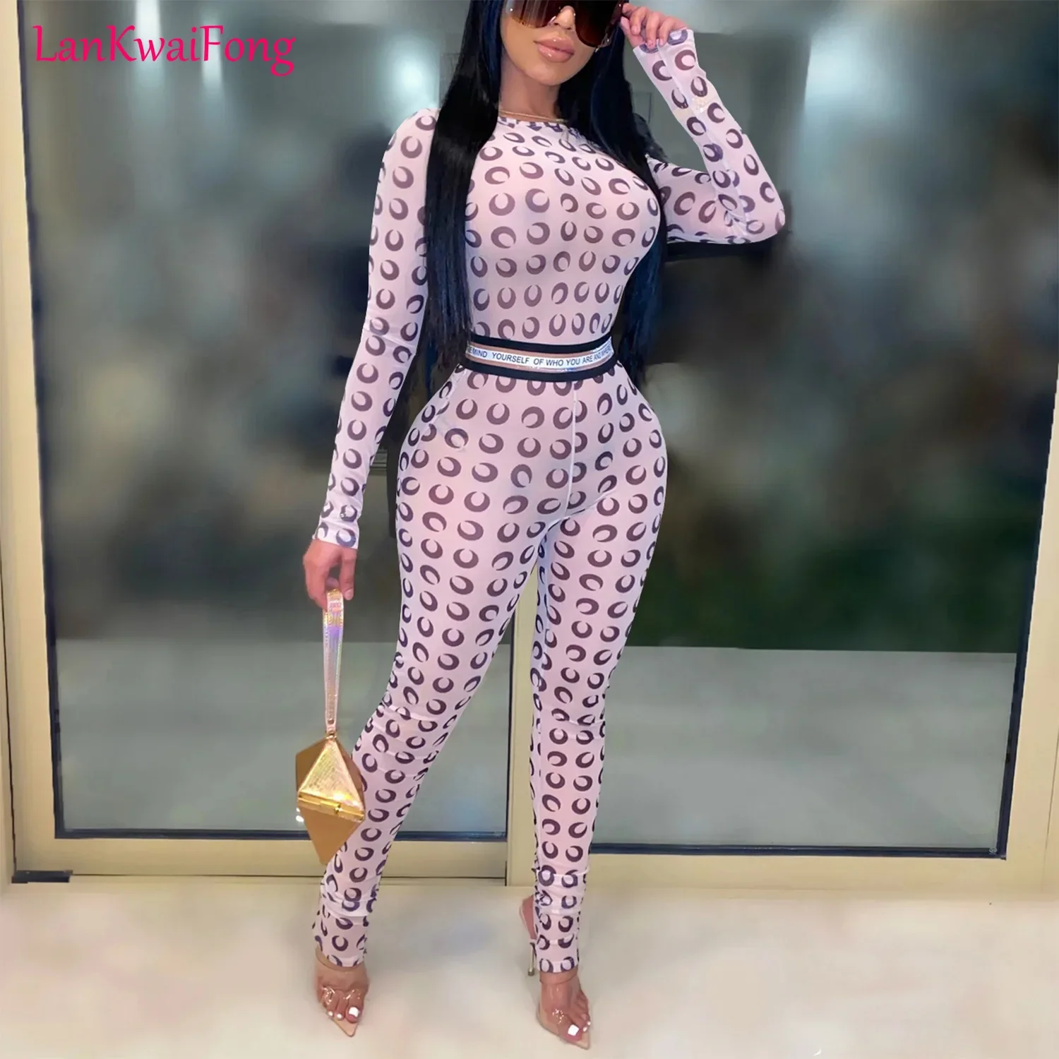 2024 New Sports Fashion Tight And Sexy Nightclub Mesh Perspective Long Sleeve Party Street Casual Step On Foot Jumpsuit