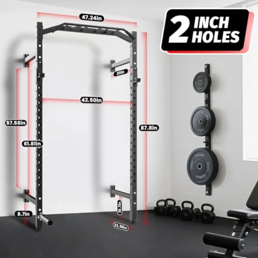 Wall Mounted Power Rack for Home Gym and Garage Gym: Steel Black 1600 LB Capacity with Multi-Grip Pull Up Bar J-Cups Landmine A