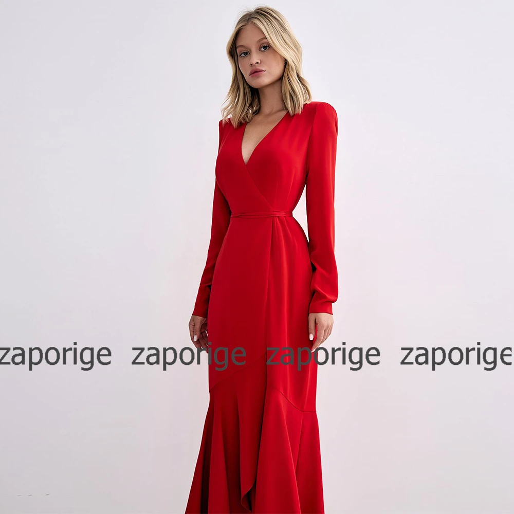 Vermelho elegante mãe da noiva vestidos jérsei babados vestido de noite sereia & trompete com decote em v midi vestidos de mãe