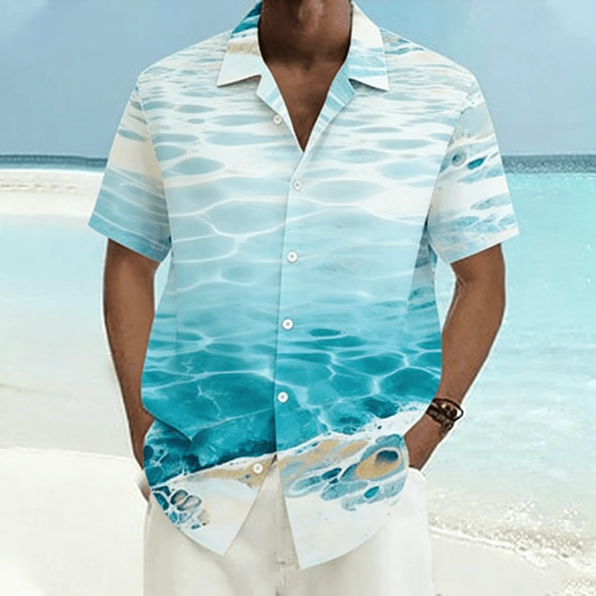 

Men's Spring Summer Beach Shirt, Clear Ocean Water Texture Print Short Sleeve Shirt, Casual Turn-Down Collar Button Down for Men