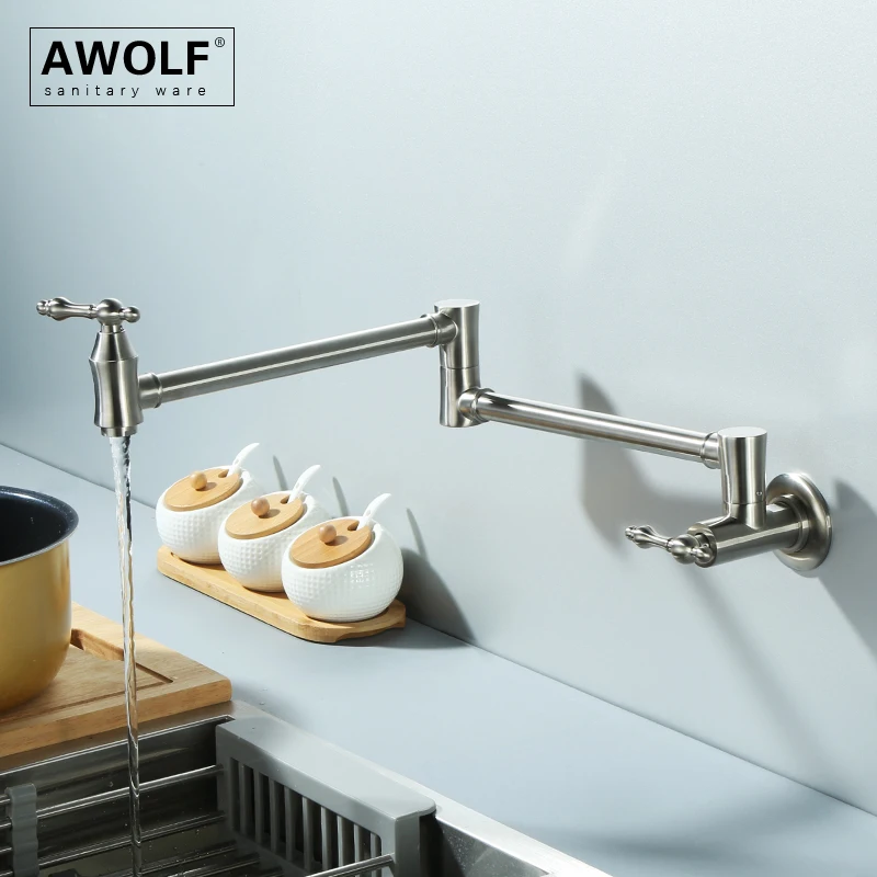 

Awolf Kitchen Faucet Brushed Nickel Folding Pot Filler Solid Brass Wall Mounted Tap 360 Degree Rotation Spout Single Hole FW002