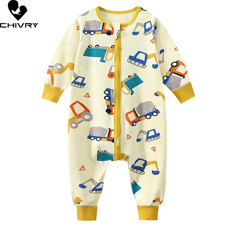 Newborn Cute Cartoon Print Romper Spring Autumn Baby Boys Girls Long Sleeve Zipper Jumpsuit Toddler Infant Comfortable Rompers