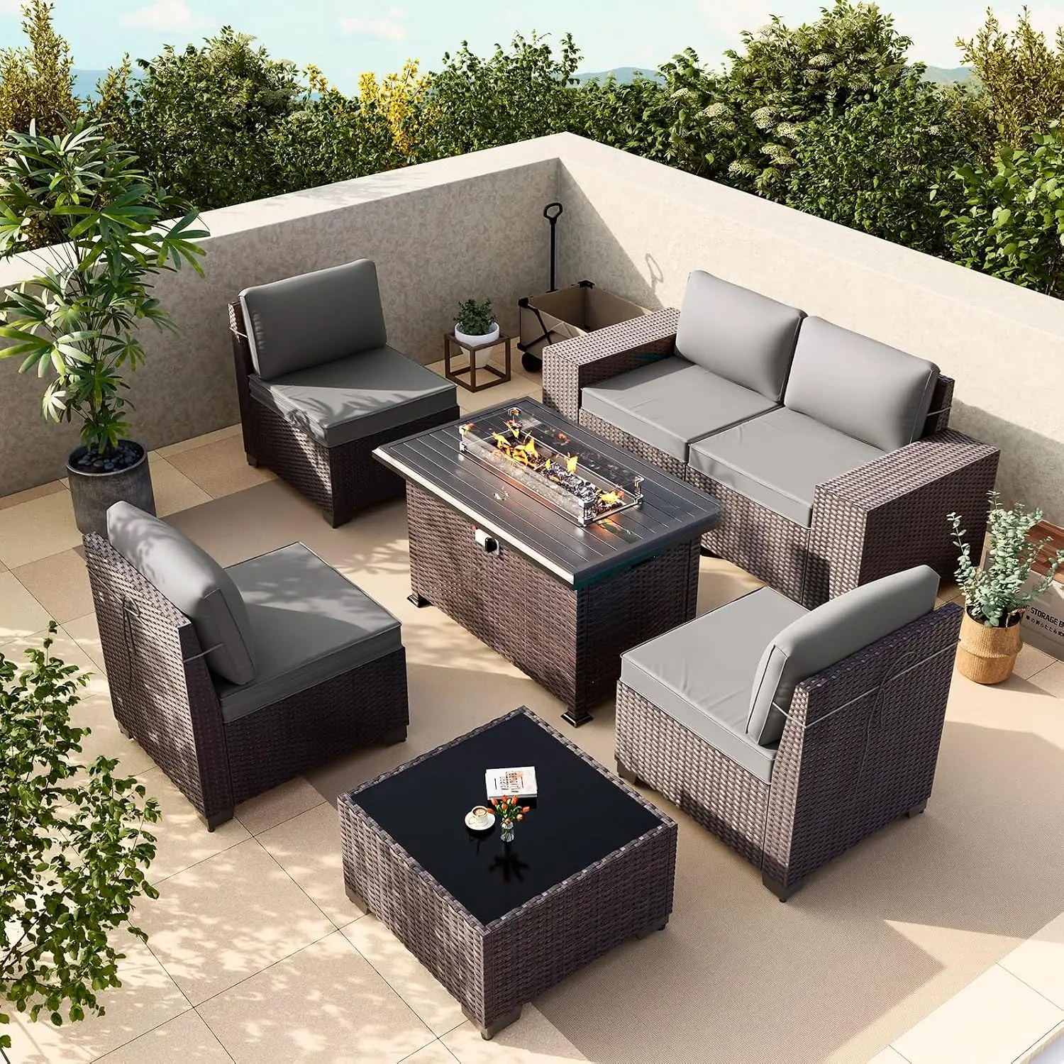 7pc Wicker Patio Set with 55000BTU Fire Pit Table, Wide Armrest High Back Cushion Outdoor Sofa for Porch Deck, Customized