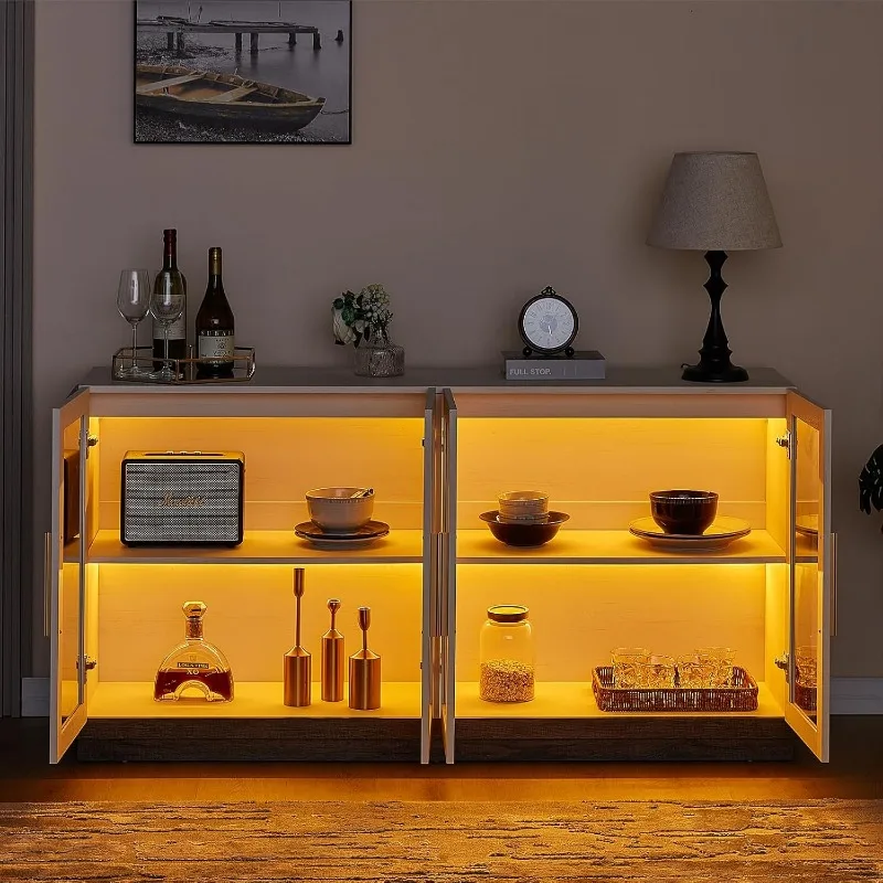 Sideboard Buffet Cabinet, Mixed Color Accent Cabinet with LED Lights, Modern Glass Doors Storage Cabinet with Adjustable Shelf