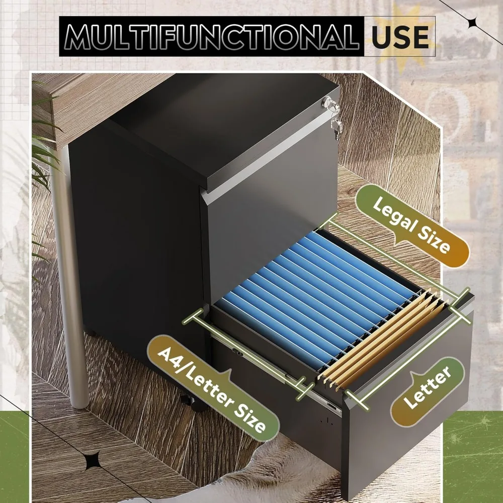 خزانة ملفات معدنية مع درجين، مجمعة بالكامل، تحت المكتب، أسود، قابل للقفل، متوافقة مع الحروف والقانونية، وملفات A4