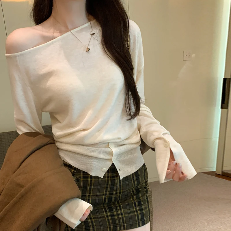 Korean Soft Sister Fashion Slash Neck Knitted Tops Women Chic Buttons Long Sleeve Autumn Winter T-shirts Ladies Elegant Tees Top