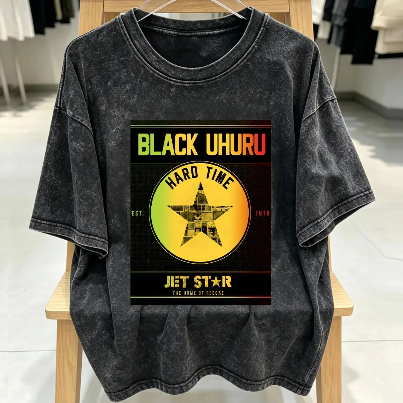 washed T Shirt Hard Time Jet Star The Home Of Reggae Classic Black Uhuru vintage Washed Stretched fashion graphic Versatile