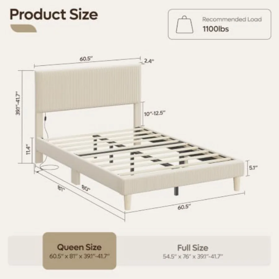Bed Frame with Headboard LED Lighting, Upholstered Fabric in Gray, Soft Touch and Modern Ambient Glow for Bedroom