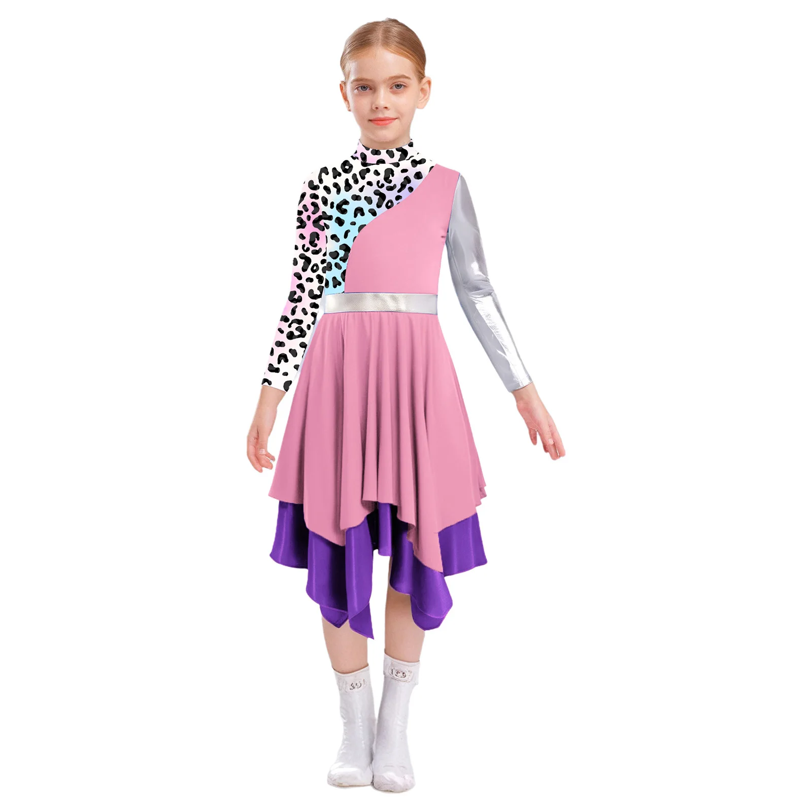 

Kids Girls Liturgical Praise Dance Dress Long Sleeve Printed Metallic Color Block Splice Irregular Hem Dress Lyrical Dance Dress