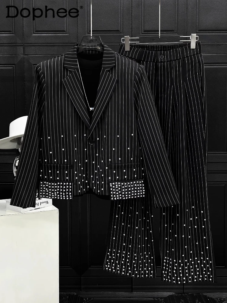 

Fashion Niche New Hot Diamond Design Striped Pants Sets Men's 2025 Spring Autumn New Loose Blazers Trousers Trendy Two-piece Set