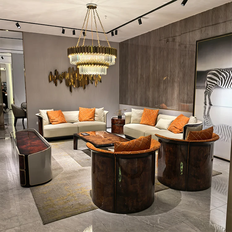 &High Quality Luxury Italian Modern Leather Sectional Couch Design Wood Veneer Full Leather Luxury Living Room Sofa Funiture Set