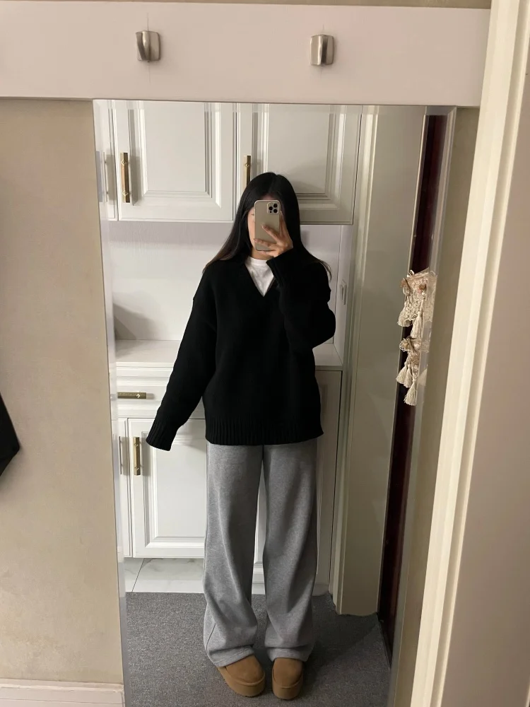 Bla V-Ne محبوك سترة المرأة الخريف الشتاء Thiened فضفاضة تناسب كسول خمر فضفاض الشعور الدافئة تريكو