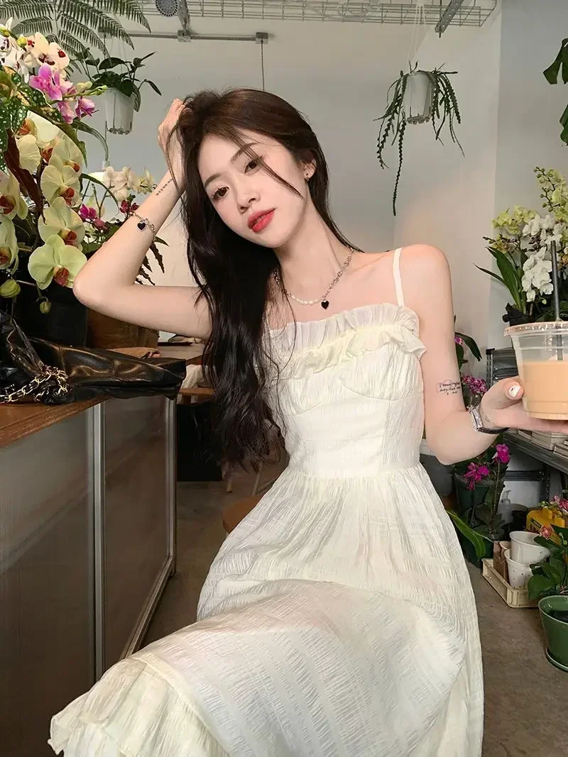 

Pop Midi Dress Women Princess Chic Aesthetic Holiday Leisure Ruffles Vintage French Style Sleeveless Partywear Summer