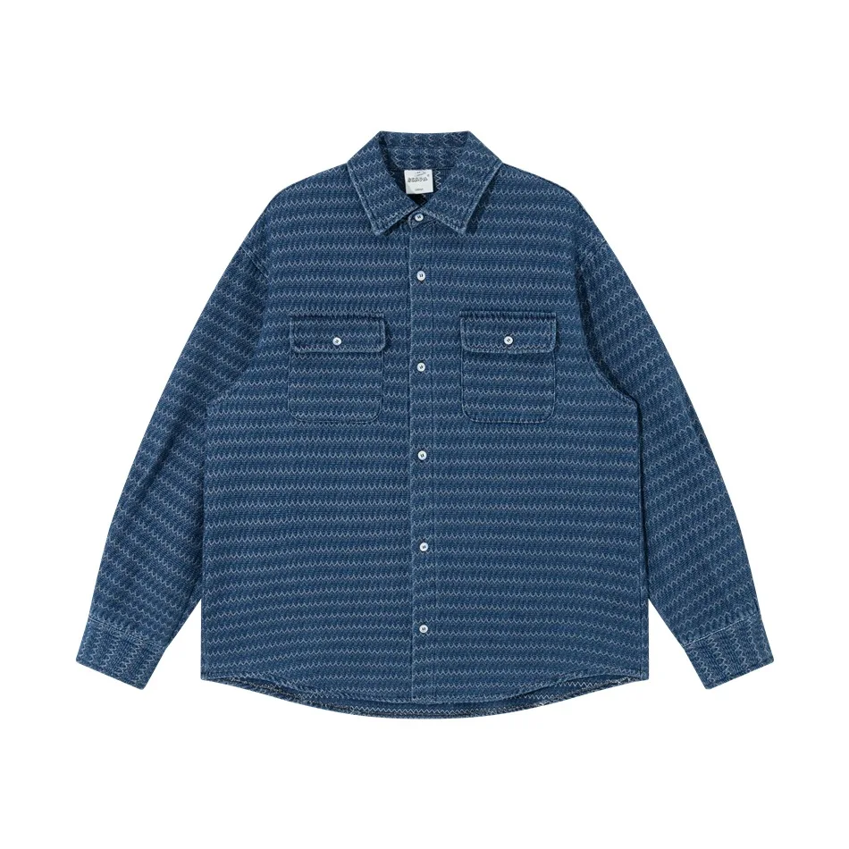 Ethnic Retro Stripe Washed Denim Shirt Men Streetwear Loose Casual Long Sleeve Jeans Shirts Jacket Cityboy Oversize Blouses Coat