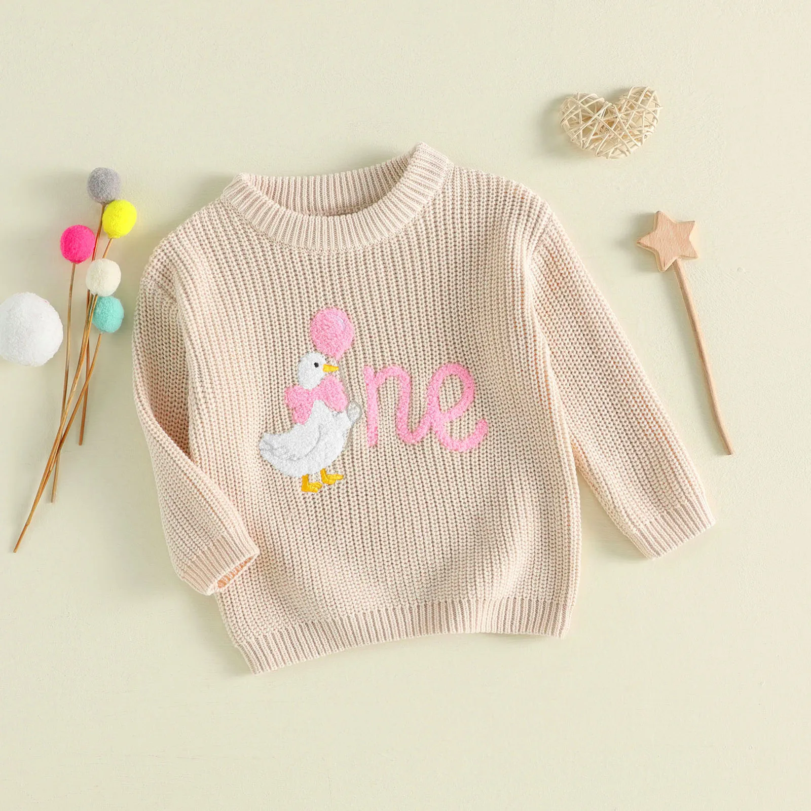 Baby Girl Birthday Sweater Tops Goose Embroidery Long Sleeve Crewneck Knit Sweaters Knitwear Tops