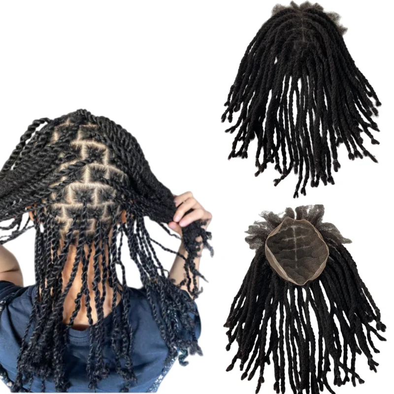 

Malaysian Virgin Human Hair Hairpieces #1b Black Color 12 inches Dreadlocks Twist Braids Toupee 8x10 Full Lace for Black Man