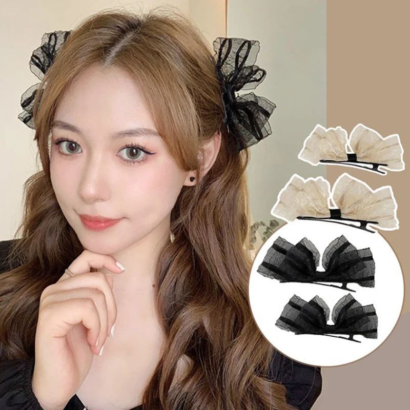 2Pcs Girls Cute Lace Bow Hairpin Side Clips Black Beige Hairgrips Nakrycie głowy Kobiety Impreza Festiwal Akcesoria do włosów