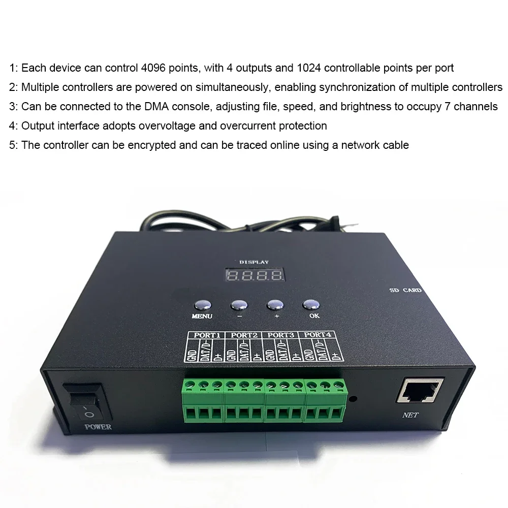 4096 Pixels Artnet Controller H806SA 4 Ports DMX To SPI DMX512 WS2811/2812 UCS1903 TM1914 LED Strip Light Support SD Card