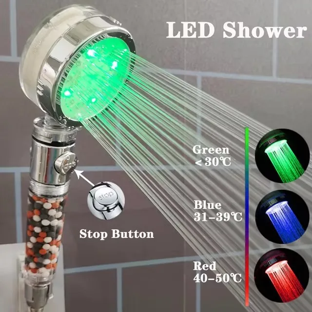 LED Anion Shower Head Rainfall SPA Temperature Control Shower Head Pressurized Water Saving 3/7 Colors Handheld Bathroom Shower image 3