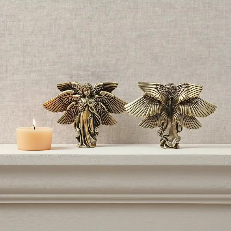 Copper Six Winged Angel Love Cupid Statue Handcrafted Brass Figurine Mini Ornament for Home Desktop Decor Art Collection Gift