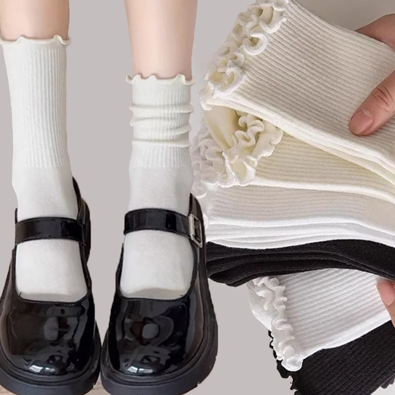 

3pairs Spring and Autumn Pure Cotton Mid Tube Socks Sweat Absorbing Odor Proof Breathable Solid Color Fungus Edge Stacking Socks