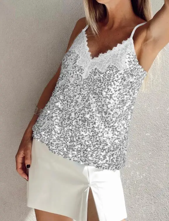 

2025 New Popular Women's Clothing V-Neck Sequined Vest, Bead Suspender, High-End and Elegant Women's Top