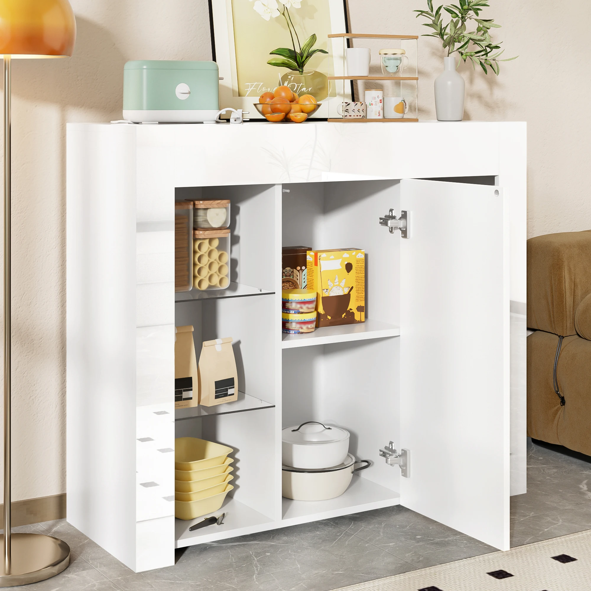 Buffet Blanc avec Portes et Étagères en Verre, Meuble de Rangement Compact et Moderne pour Salon, 95 × 35 × 83 cm, Blanc