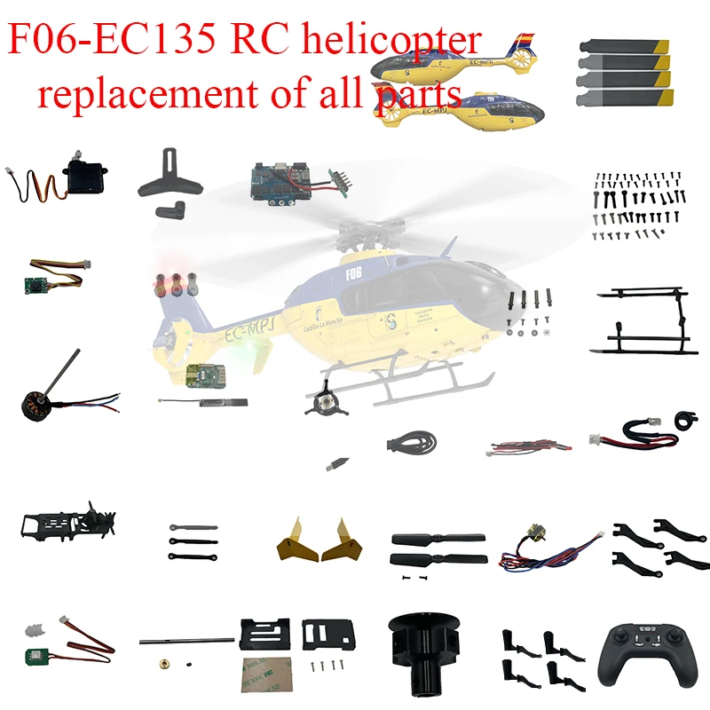 F06-EC135 RC helicopter replacement of all parts, motors, servos, receiver plates, casings, landing gear, propellers,LED, etc