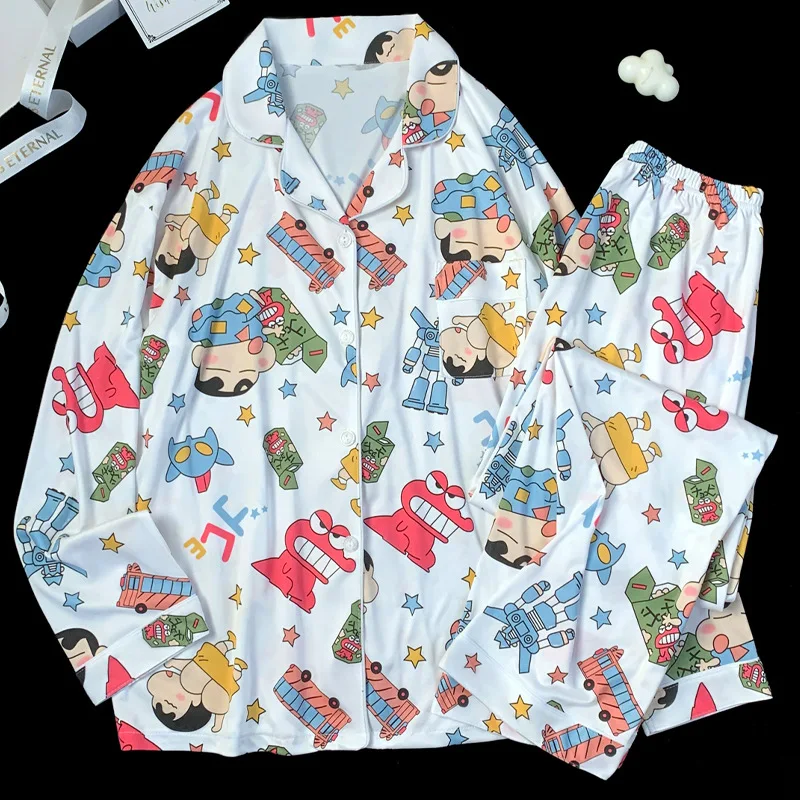 Novo dos desenhos animados crayon shinchan menina conjunto de pijama kawaii manga longa calças compridas pijamas meninas pijamas casuais conjunto de roupas para casa