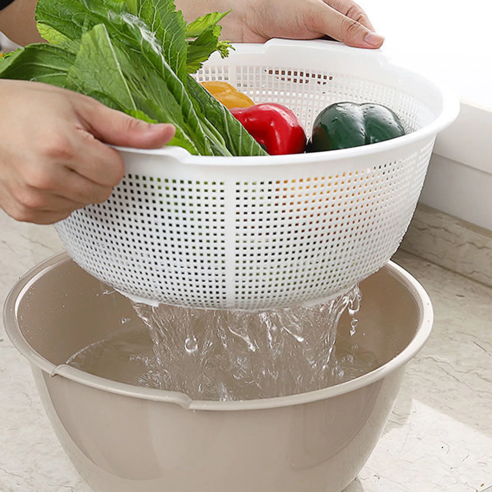 

Thickened Double Layer Plastic Drainage Basket Multi Use Fruit Vegetable Colander for Kitchen Counter Dining Table