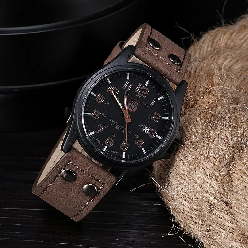 SOKI 1pc Men Brown Quartz Watch With Circular Watch Dial Pointer Leather Date For Sports Daily image 2