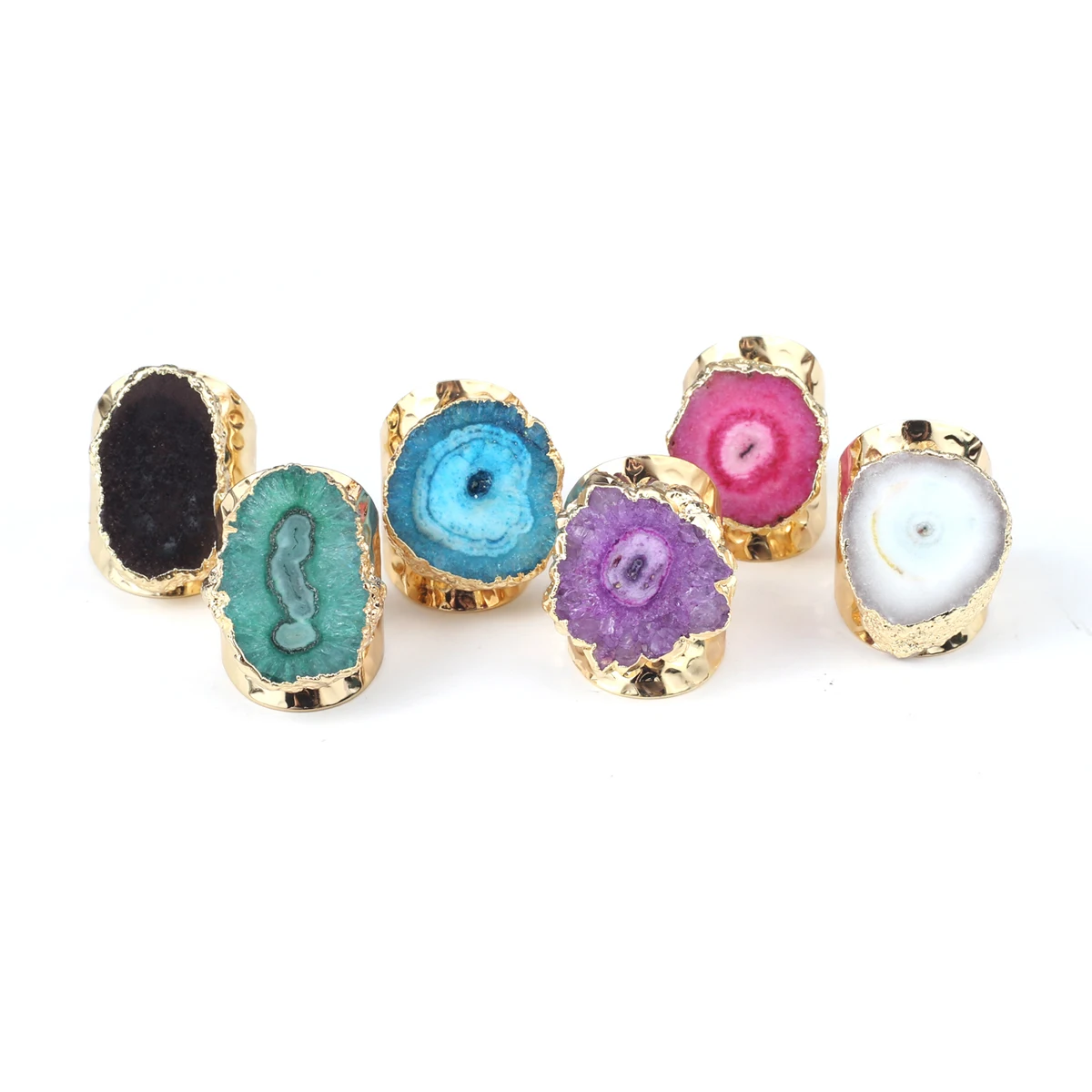 Anillo abierto ancho bohemio para hombres y mujeres, rodajas de ágata de piedra Natural Irregular, girasol, chapado en oro, anillos de dedo ajustables, joyería