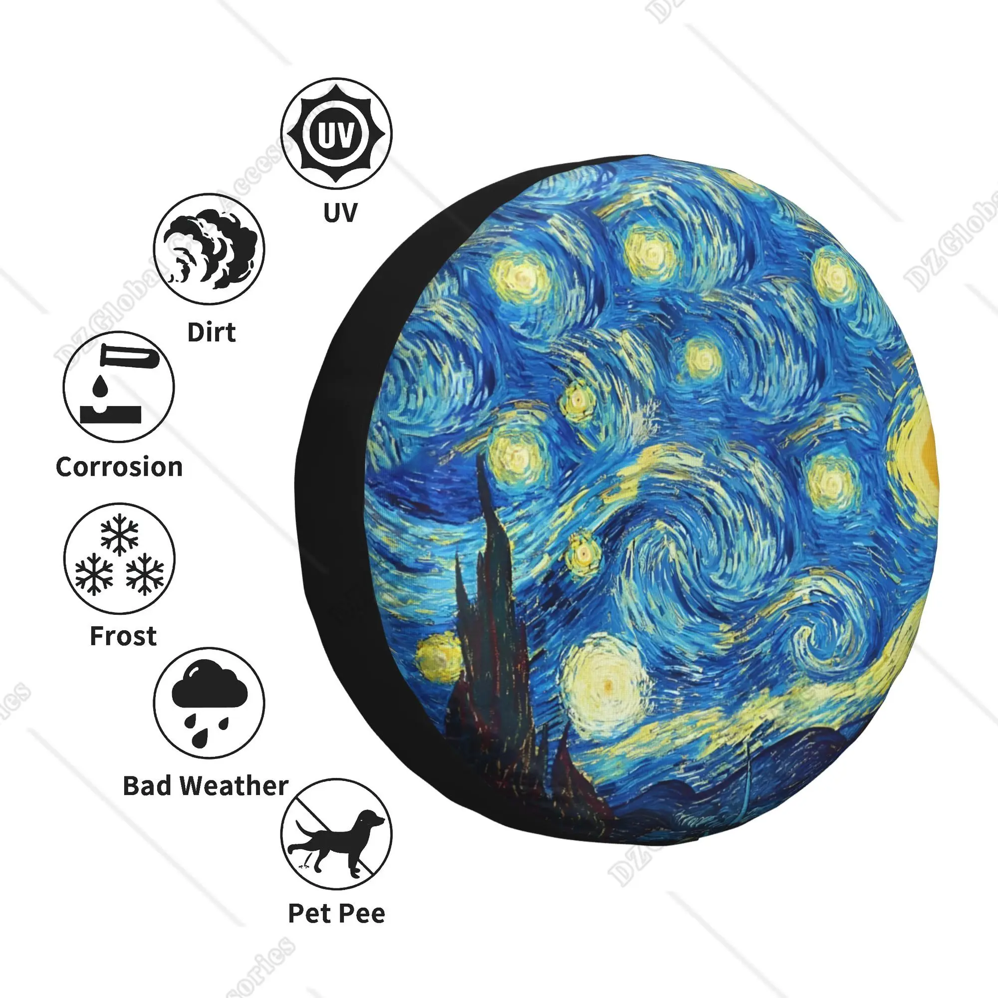 The Starry Night Van Gogh Spare Tire Cover Universal Waterproof Wheel Cover for RV SUV Trailer Tire Diameters 14 15 16 17 Inch