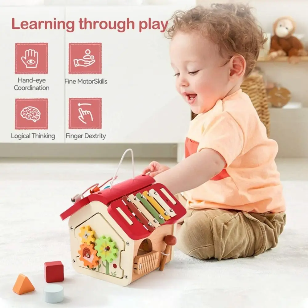 

Busy Board Kids Wooden Montessori Toys Shape Sorter Early Education House Building Blocks Puzzle Toys with Sound Portable