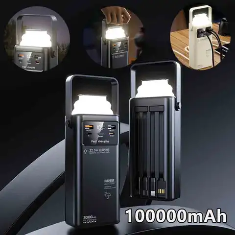 100000mAh Outdoor Camping Power Bank 66W Fast Charging External Battery for IPhone Xiaomi Huawei Samsung