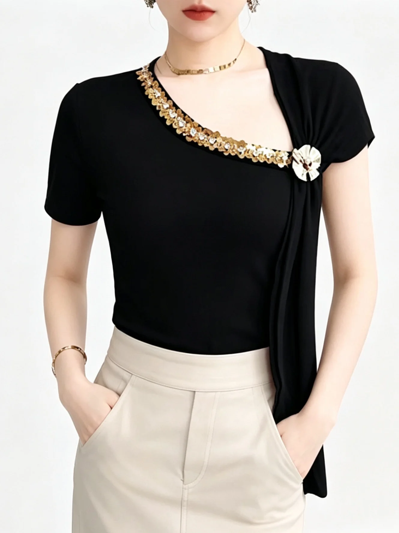 

Summer Women's Fashion Slim Fit Short Sleeve T-Shirt Asymmetrical Shoulder Design with Sash Casual Style Bright Thread Splice