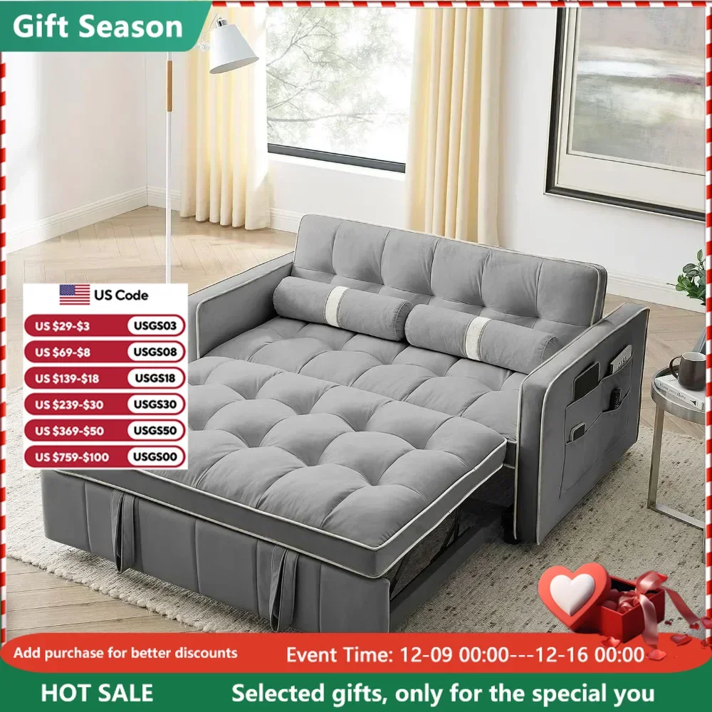 3 in 1 Sleeper Sofa Couch Bed w/Pullout Bed Adjustable Backrest,Cylinder Pillows Tufted Velvet Convertible Loveseat Futon Sofa