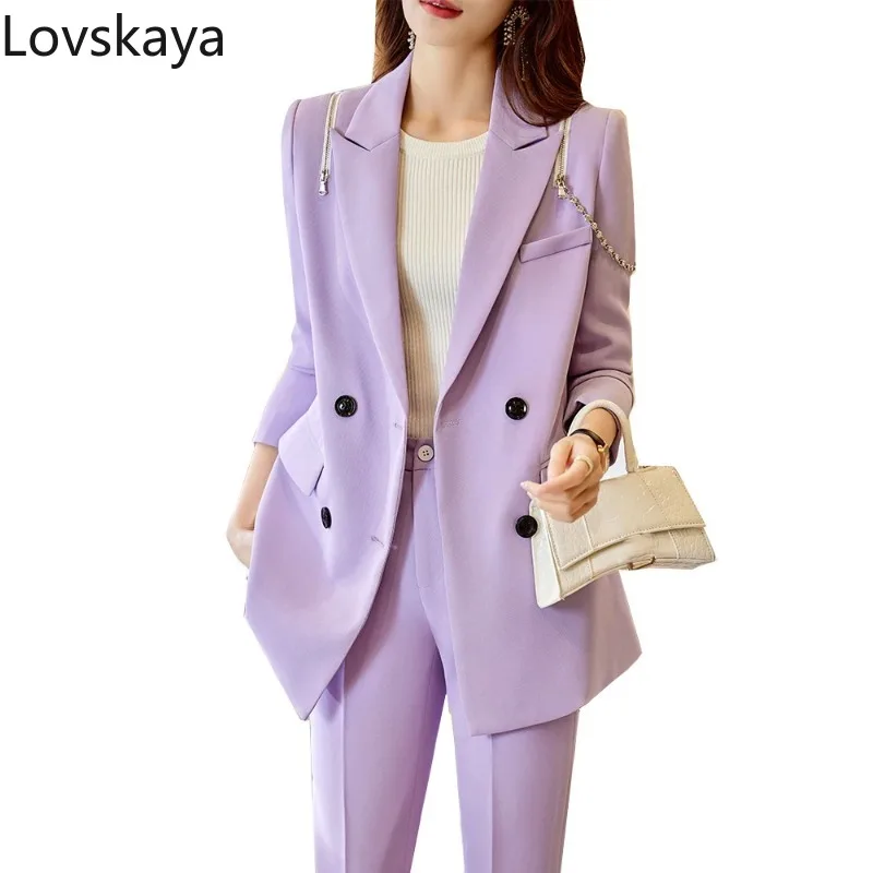 

Fashion Long Sleeve Double Breasted Loose Jacket Blazer Trouser Casual 2 Piece Set Black Purple White Women Pant Suit