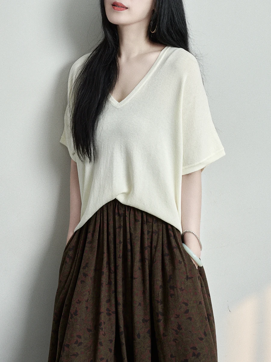 

Artistic Loose Batwing Sleeve Knitted Sweater V-Neck Breathable Simple Style Women's Summer Cool Feeling Regular Length Top