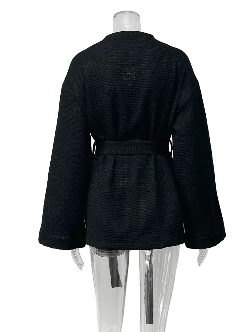 Parc Fee Fashion Loose Black Women's Coat 2025 Winter V-Neck Long Sleeve Jacket Elegant Classic Lace-Up Top Female Clcothing