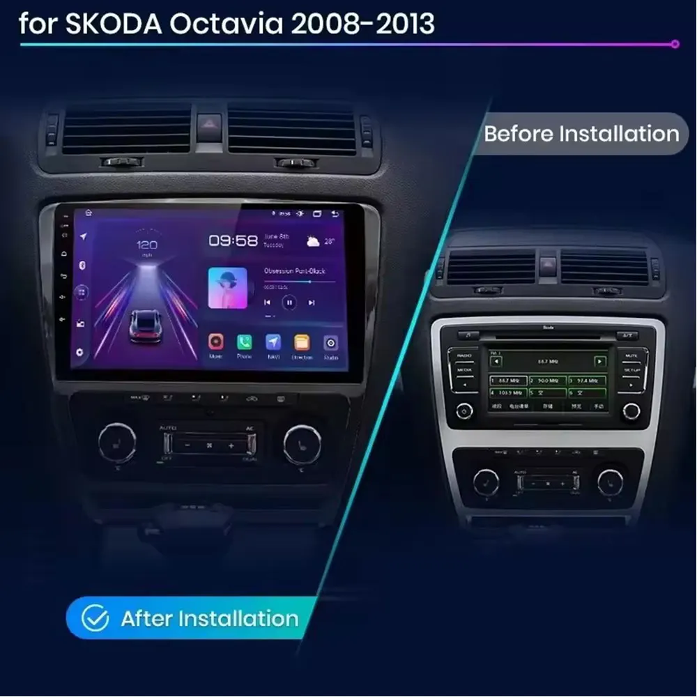 Android 16 Auto for Skoda Octavia Mk2 Mk3 2004 - 2014 Radio GPS Wireless CarPlay 4G+WiFi Auto Stereo DSP Bluetooth BT DSP SWC